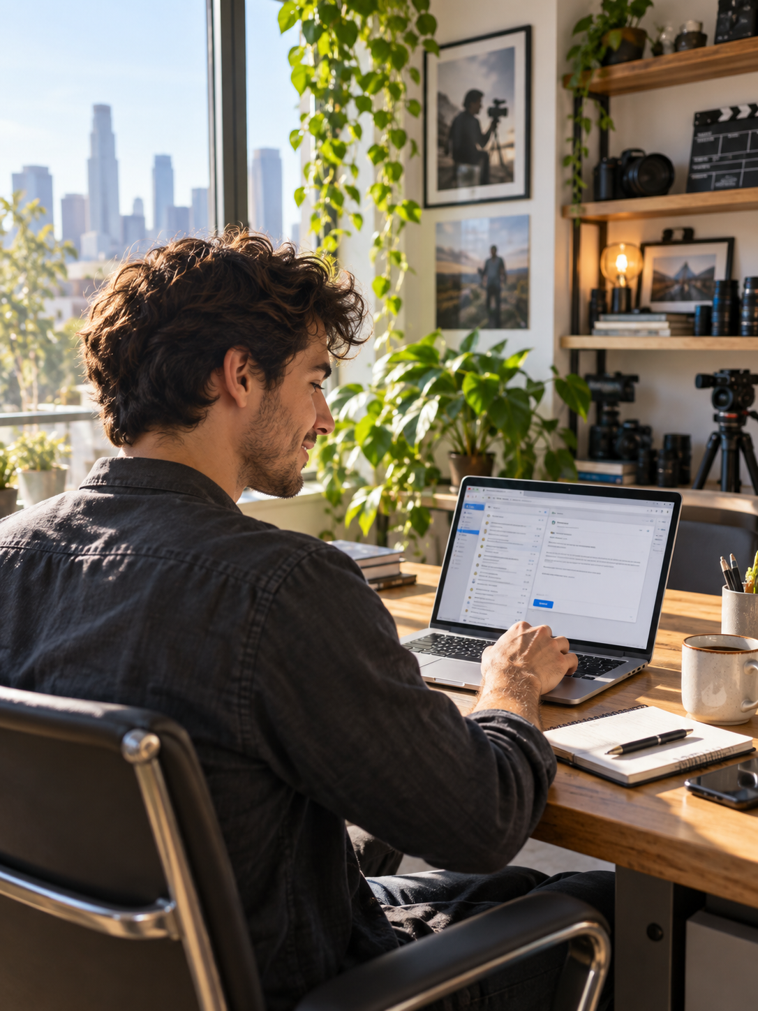 A production professional working at a desk in a bright studio
